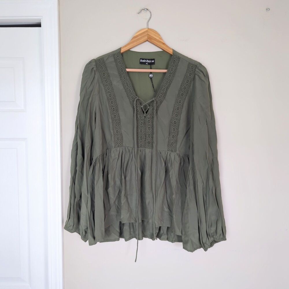 Scarlet Darkness Green Casual Renaissance Long Sleeve Babydoll Top XL Crochet